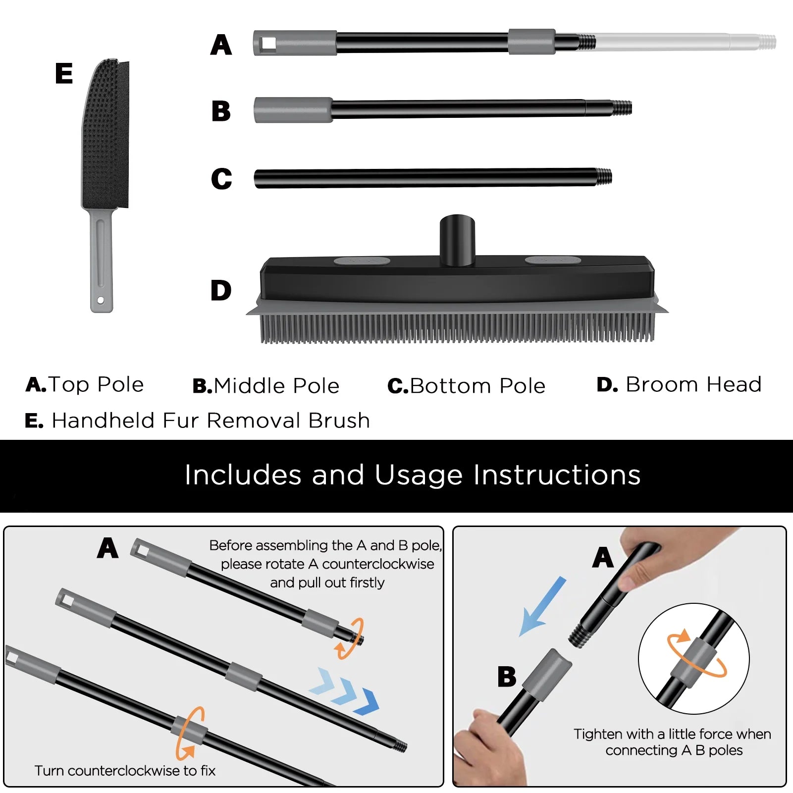 Rubber Pet Broom with Squeegee, Pet Hair Remover 56 Inches Long Handle, Portable Detailing Lint Brush Fur Removal for Fluff Carpet, Window, Tile, Floor Cleaning, Grey