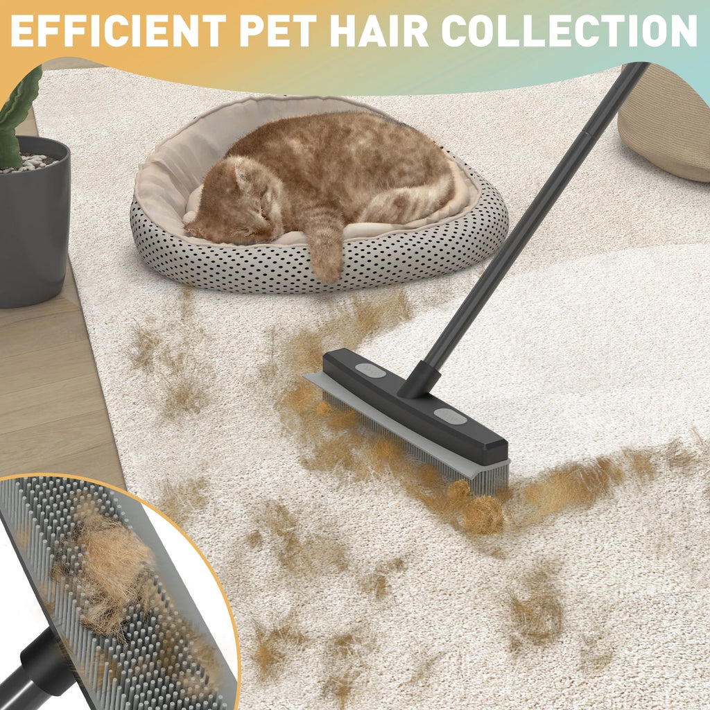 Rubber Pet Broom with Squeegee, Pet Hair Remover 56 Inches Long Handle, Portable Detailing Lint Brush Fur Removal for Fluff Carpet, Window, Tile, Floor Cleaning, Grey