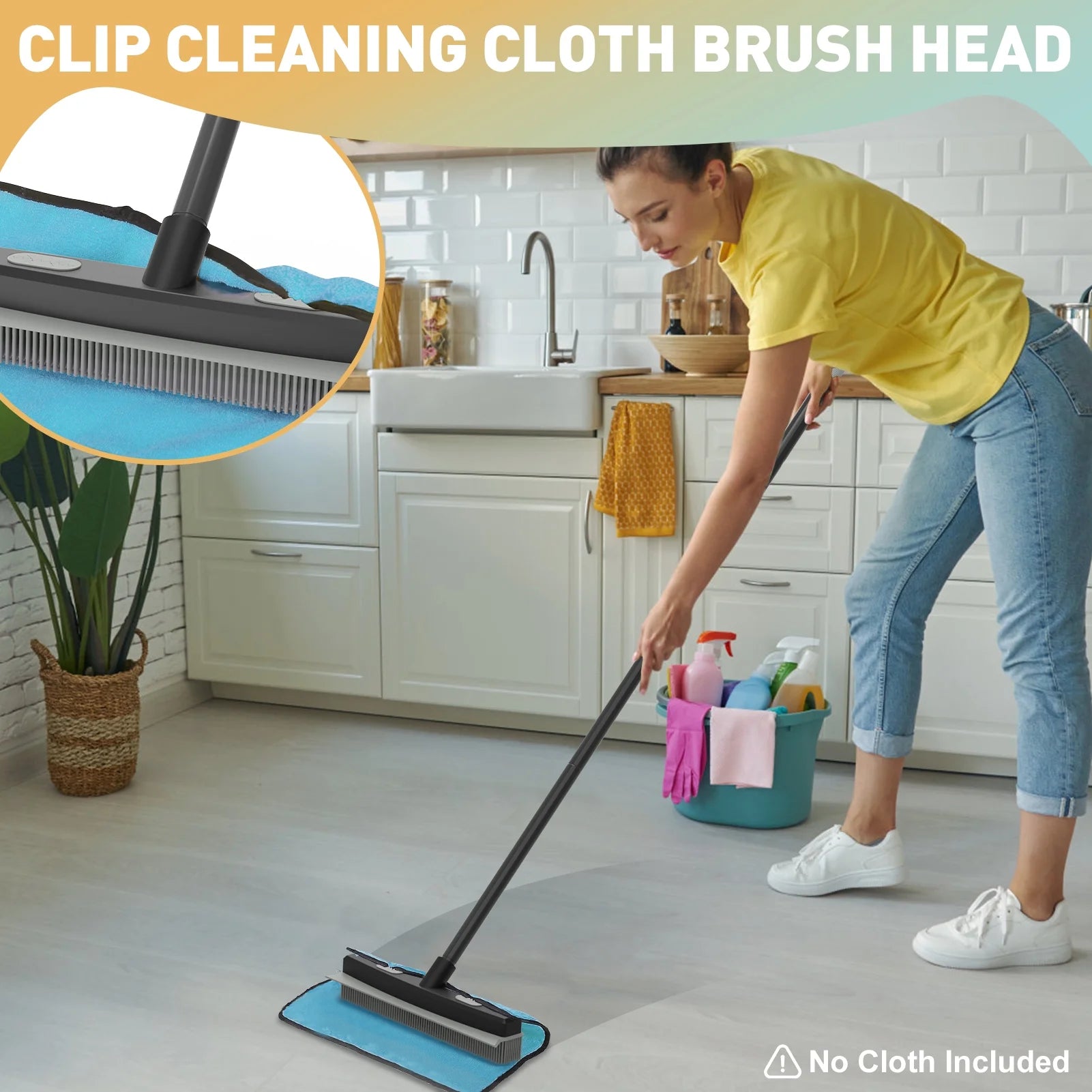 Rubber Pet Broom with Squeegee, Pet Hair Remover 56 Inches Long Handle, Portable Detailing Lint Brush Fur Removal for Fluff Carpet, Window, Tile, Floor Cleaning, Grey