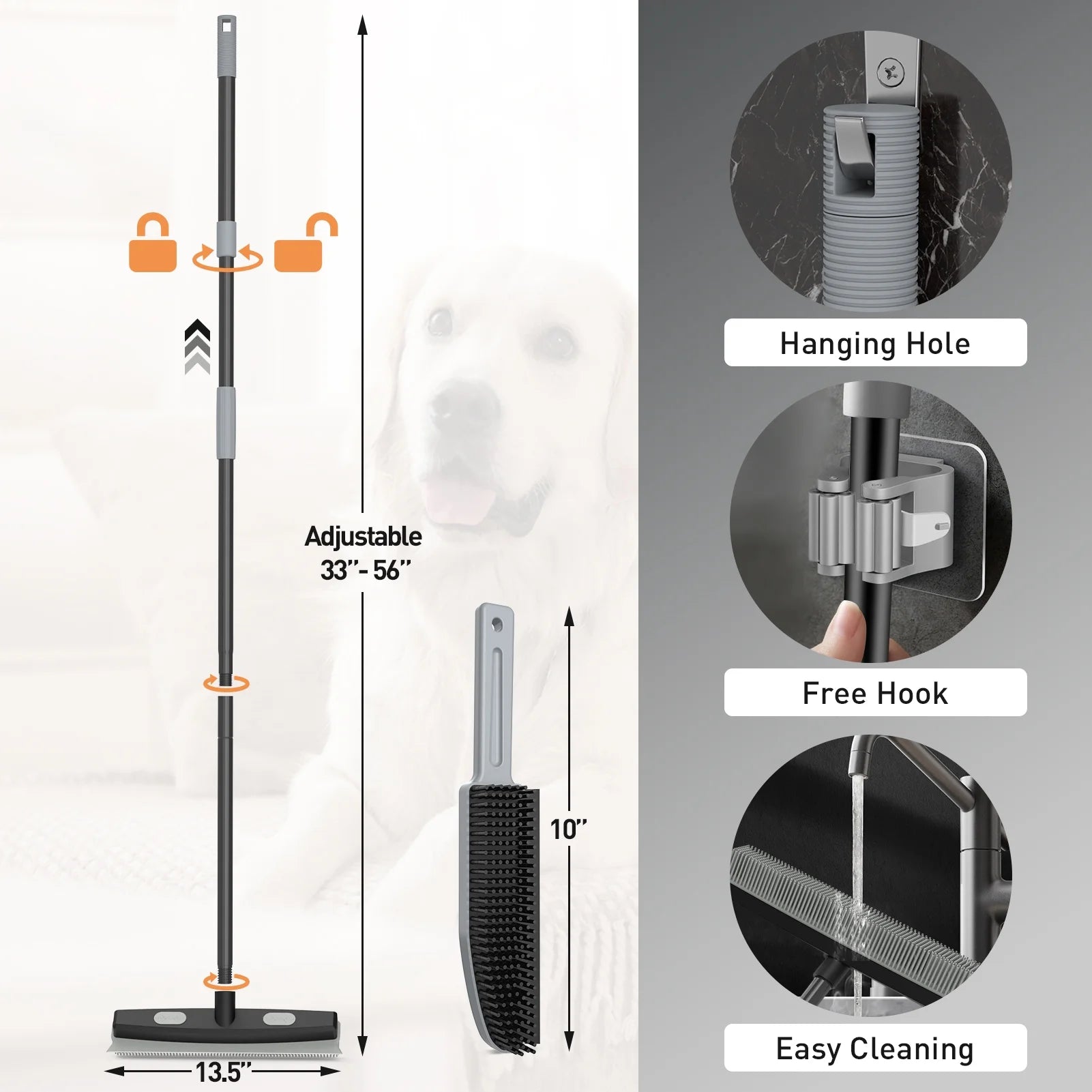 Rubber Pet Broom with Squeegee, Pet Hair Remover 56 Inches Long Handle, Portable Detailing Lint Brush Fur Removal for Fluff Carpet, Window, Tile, Floor Cleaning, Grey