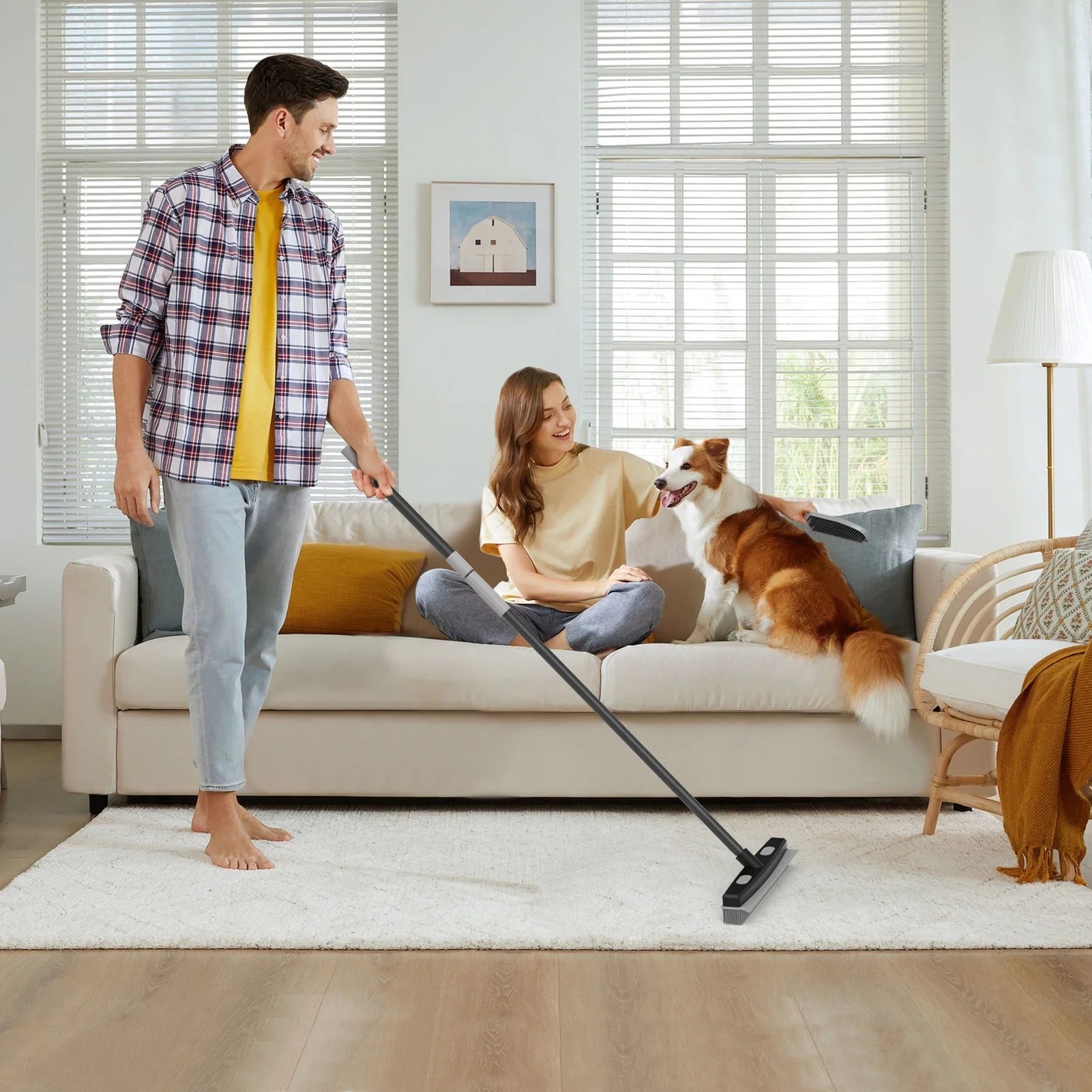 Rubber Pet Broom with Squeegee, Pet Hair Remover 56 Inches Long Handle, Portable Detailing Lint Brush Fur Removal for Fluff Carpet, Window, Tile, Floor Cleaning, Grey