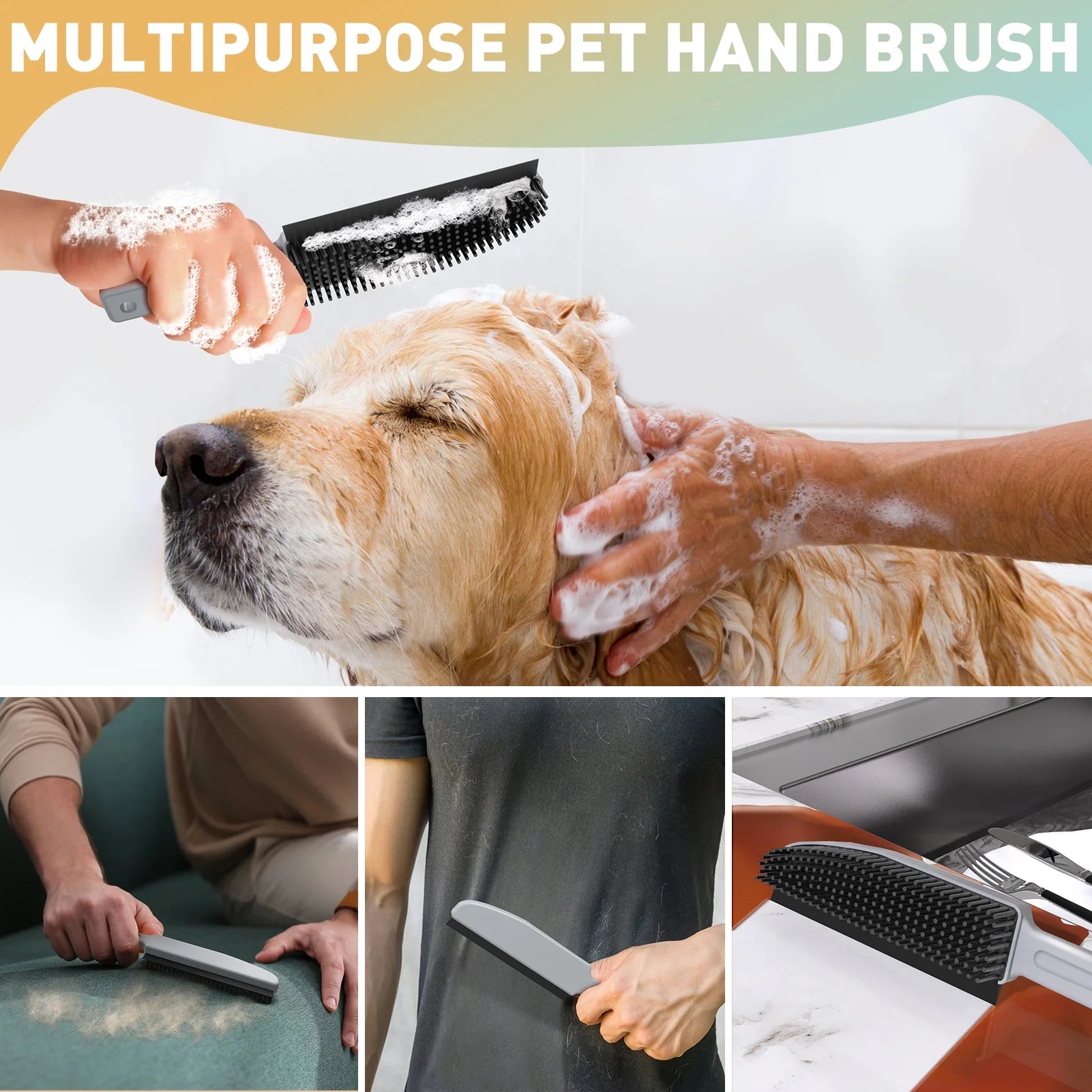 Rubber Pet Broom with Squeegee, Pet Hair Remover 56 Inches Long Handle, Portable Detailing Lint Brush Fur Removal for Fluff Carpet, Window, Tile, Floor Cleaning, Grey